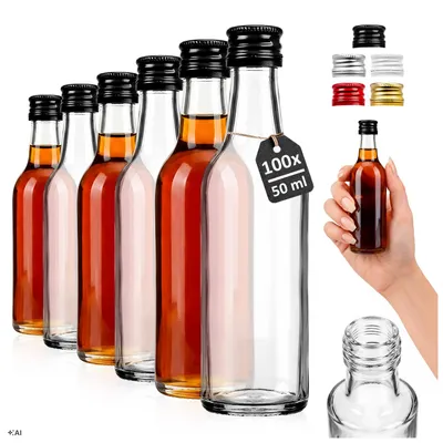 Zdjęcie produktu dla SUPERBUTELKI - Zestaw 100 szt. Butelka MONOPOLOWA 50 ml na wódkę bimber wesele + zakrętki, Obraz wygenerowany przez AI