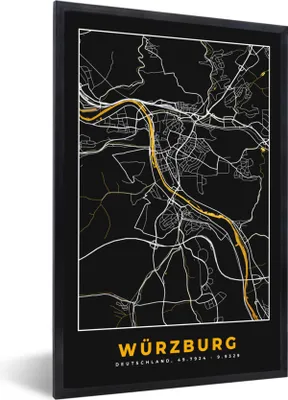 Produktbild von MuchoWow® Gerahmtes Poster Stadtplan - Deutschland - Gold - Würzburg - Karte 20x30 cm - Poster mit Schwarzem Bilderrahmen Wandposter Rahmen Foto Bilder - Drucken - Bilder Poster im Rahmen