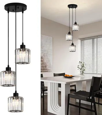 Productafbeelding van 3-lichts hanglamp. Eettafel, kroonluchter. Zwart, modern. Kroonluchter, kristal, metaal. Hanglamp met E27 fitting. Verstelbare hanglamp voor woonkamer, keuken, slaapkamer, hal