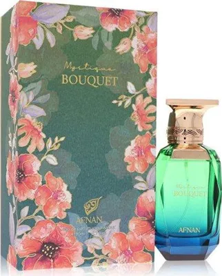 A perfume bottle and its packaging are displayed against a white background.