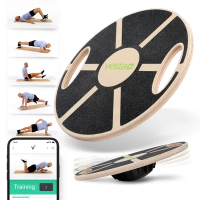 Produktbild von Vesta+ Balance Board Holz + Fitness App, Balanceboard aus nachhaltigem Eichenholz - Der Balance Board für das Plus in Deinem Workout, Wackelbrett Balance Board Erwachsene Therapiekreisel