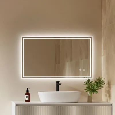 Zdjęcie produktu dla Luster LED do łazienki, 100x60 cm. Luster z oświetleniem, światło białe. Luster łazienkowy, luster ścienny z przyciskiem dotykowym, powłoka anty-mgielna