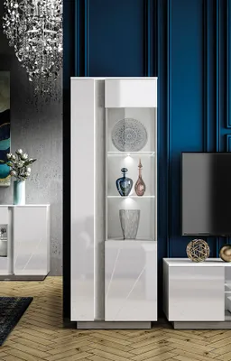Produktbild von Standvitrine "Lumens" Vitrine 69cm beton lichtgrau MDF weiß Hochglanz 76494456