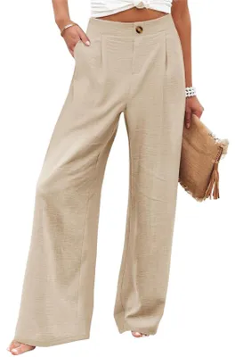 Produktbild von ASKSA Damen Weite Bein Hose Hohe Taille Leichte Sommerhose Palazzo Baggy Casual Freizeithose mit Taschen Khaki S