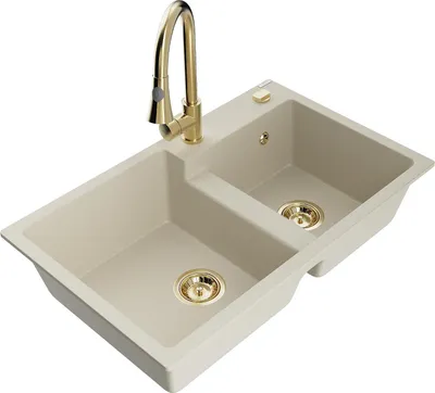 Immagine prodotto di Mexen Tomas lavello da cucina in granito a 2 vasche con rubinetto Elia, beige - 6516-69-670101-50