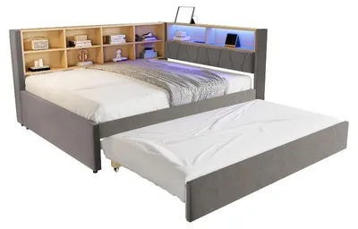 Productafbeelding van Slaapbank 140x200 cm met uitschuifbed 90x190 cm, LED-verlichting, USB-poort, Type C-poort en stopcontact, diverse opbergvakken, fluweel, donkergrijs