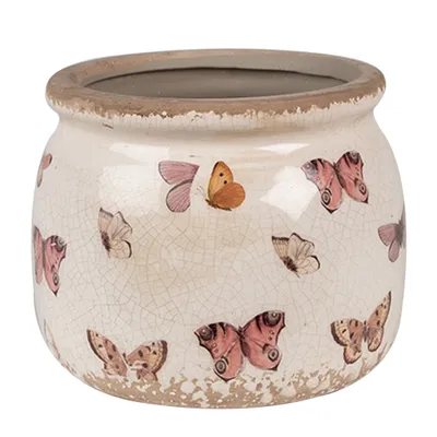 Image de Clayre & Eef Pot de fleurs Ø 12x10 cm Beige Rose Céramique Papillons