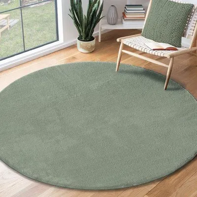 Obrázek produktu pro Uniqoos® Kulatý koberec Loft – Sametový koberec, jednobarevný, barva mintová, nízký vlas, průměr 200 cm, 100% polyester, lze prát do 30°C, protiskluzová spodní strana