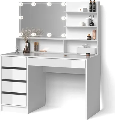 Produktbild von Schminktisch Livinity Imola Weiß 145 cm mit LED Beleuchtung, und Spiegelregal, Model 52432