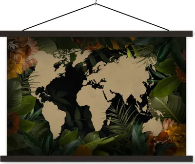 Produktbild von MuchoWow® Textilposter Weltkarte - Pflanzen - Blätter 150x100 cm mit schwarzem Rahmen - Schlafzimmer