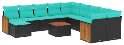 Produktbild von vidaXL 12-teiliges Gartensofa-Set mit Kissen, schwarzes Polyrattan