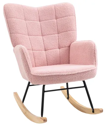 Image de Fauteuil berçant – Fauteuil relax – Fauteuil de style rétro – Structure en bois massif – Revêtement rose – 98 x 71 x 101 cm