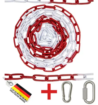 Zdjęcie produktu dla FAMEX, łańcuch ostrzegawczy metalowy, 5 metrów - średnica 5 mm - czerwono-biały, wykonany ze stali ocynkowanej - zawiera karabińczyki i element umożliwiający szybkie odblokowanie - odporny na warunki atmosferyczne, idealny na budowy i parkingi