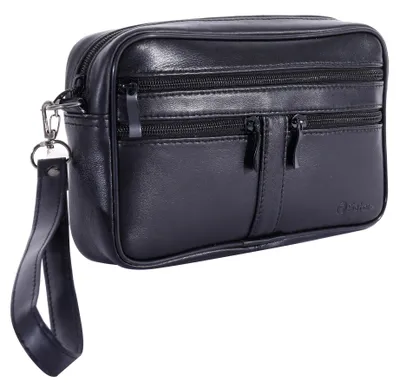 Produktbild von Herren Handgelenktasche Echt Leder Schwarz - Handtasche mit Handschlaufe - Exklusive Eigenmarke SOTALA - 5 Reißverschlussfächer - Organizer für Reise und Dokumente - Luxus Design