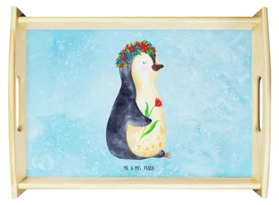 Produktbild von Mr. & Mrs. Panda Tablett Pinguin Blumen - Eisblau - Geschenk, Wunderschön, betttablett, Servier, Universum, Leben, Blumenliebe, holz, Serviertablett, Geschenkidee, Deko