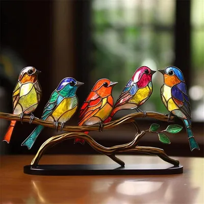 Produktbild von Vogel Deko Figur auf Ast, bunte Acryl Vögel, Tischdeko für Wohnzimmer, Büro, Fensterbank und Geschenk