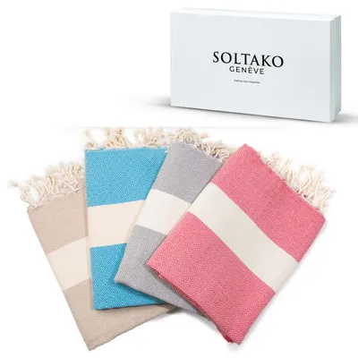 Produktbild von XL Strandtuch / Fouta / Hamamtuch / 1x2m / 4er Set / Design „DIAMOND“  in Koralle-Silbergrau-Cappuccino-Azurblau