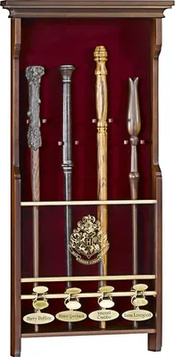 A display case for four wands, with a Hogwarts crest in the center and labels for each wand at the bottom.