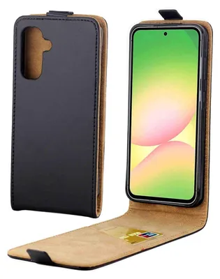 A black flip case for a smartphone is shown, with the phone inside and the front cover open.