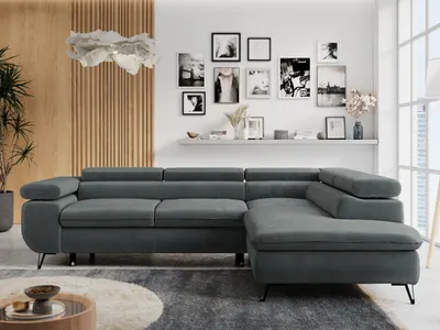 Produktbild von Ecksofa Sofa Grau, Wohnlandschaft L-Form mit Schlaffunktion und Bettkasten, Schlafsofa mit Bettkasten, Sofa mit Einstellbare Kopfstützen, Peter L - Dunkelgrau Velvet - Rechts Grau