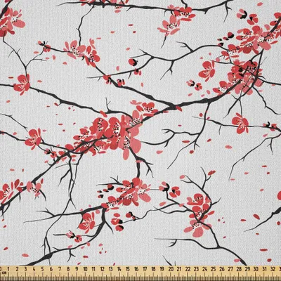 Produktbild von ABAKUHAUS Natur Microfaser Stoff als Meterware , Illustration Von Sakura Windy April Wetter In Der Japanen Malerei Art Kunst, 10 M (230 x 1000 cm), Coral Schwarz