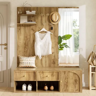 Produktbild von Merax Garderobenset, Wandgarderobe mit Spiegel, Sitzbank, 5 Haken, Schubladen und Schuhablage, Garderobenständer, Flurmöbel mit Stauraum, Natur