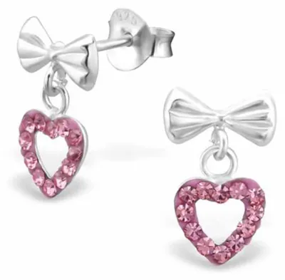 Produktbild von Kinderohrstecker: Mädchen Ohrringe Silber „Kristall Herz mit Schleife“ Rosa