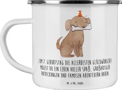 Produktbild von Mr. & Mrs. Panda Motivtasse 7. Geburtstag - Weiß - Geschenk, zum, siebte Geburtstagsparty, Emaille Tasse, Teebecher, Geburtstagsgeschenk, Haferl, Kaffeepott, Pott