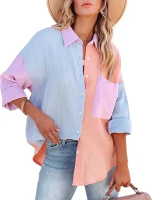 Produktbild von ASKSA Damen Farbblock Bluse Knöpfe Langarm Oversized Tunika Revers Langarmshirt Oberteil, Orange, XXL