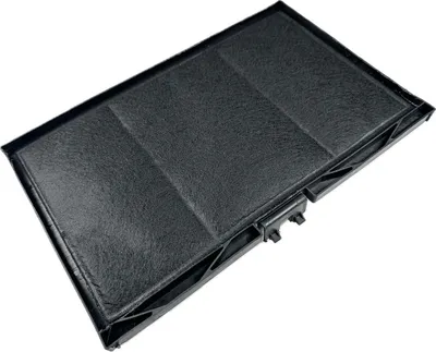 A close-up, angled view of a black air filter.
