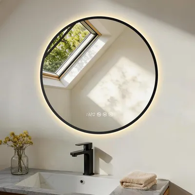 Imagen del producto de S'AFIELINA Espejo Baño LED Redondo 70 cm con Luz, Marco ,Aleación de aluminio, 3 colores de luz, regulable, antivaho, reloj y temperatura
