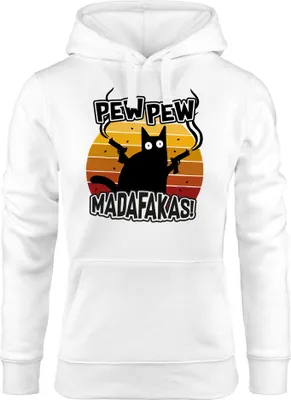 Produktbild von Kapuzen-Pullover Damen Pew Pew Madafakas Katze Western Cat Meme Hoodie Moonworks® weiß L