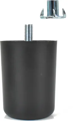 A black furniture foot with a threaded bolt and a separate metal insert nut.