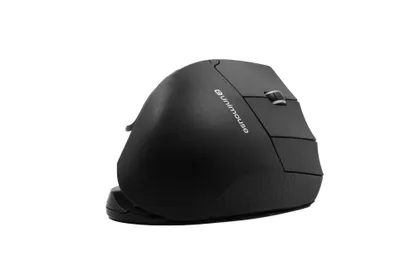 A black vertical ergonomic mouse is shown against a white background.
