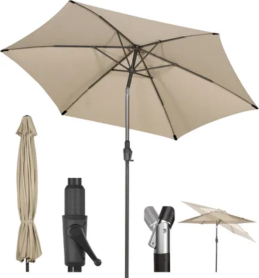 A taupe patio umbrella is shown fully open, with its pole and crank mechanism visible. Smaller images show the umbrella closed, the crank mechanism, a joint detail, and a smaller view of the umbrella open.