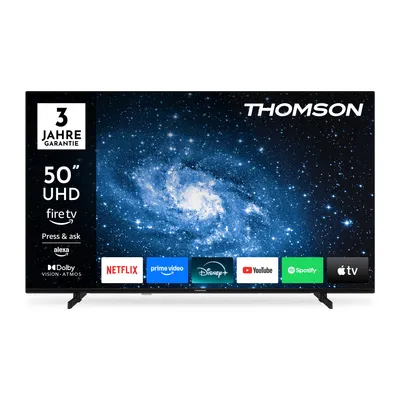 A Thomson 50" UHD LED Smart Fire TV is displayed front and center on a black background, showcasing its screen with a galaxy image and various app logos at the bottom.