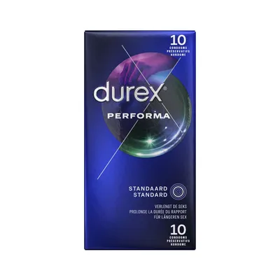 A product shot of a box of Durex Performa condoms against a white background.