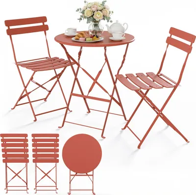 Produktbild von VOUNOT® Metall Bistroset 3-teilig, klappbarer Bistrotisch mit 2 Stühlen, Ziegelrot