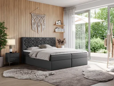 Produktbild von MKS MEBLE Boxspringbett 180x200 mit Matratze H3 und Bettkasten, Doppelbett Bett mit Stauraum und Topper, Polsterbett 180x200 mit Kopfteil - Leila - Dunkelgrau Kunstleder - H3