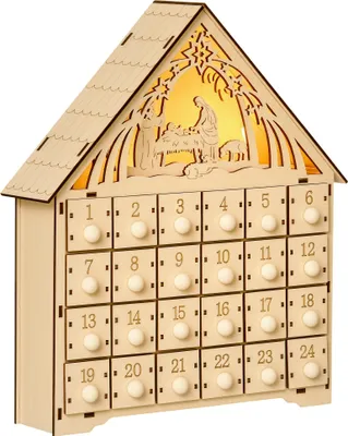Produktbild von Adventskalender mit LED-Beleuchtung, 24 Schubladen, Krippenmotiv, 26,6 x 6 x 30 cm, Holzoptik
