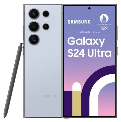 A Samsung Galaxy S24 Ultra smartphone with its stylus, displayed with marketing text and the Paris 2024 Olympics logo.