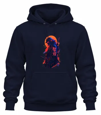 Obrázek produktu pro Cyberpunkový samuraj, ronin, katana, Japonsko, Y2K, válečník, mechanický oblek, mikina s kapucí, tmavě modrá, velikost M