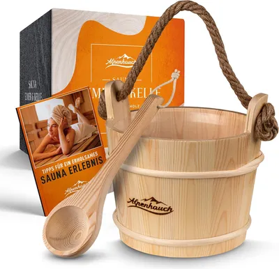 Produktbild von ALPENHAUCH Sauna Eimer mit Kelle [100% Naturholz] - Edler Saunakübel mit komfortablem Hanftrageseil