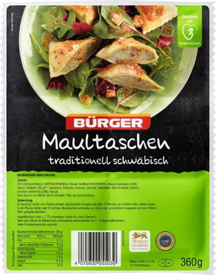 Produktbild von Bürger Schwäbische Maultaschen 360 g – traditionell gefüllt, herzhaft lecker, schnelle Zubereitung, ideal für Familiengerichte und schwäbische Küche
