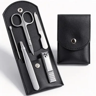 Produktbild von Maniküre-Set 5-teilig Edelstahl Silber-Schwarz für Damen und Herren mit Nagelpflegewerkzeugen