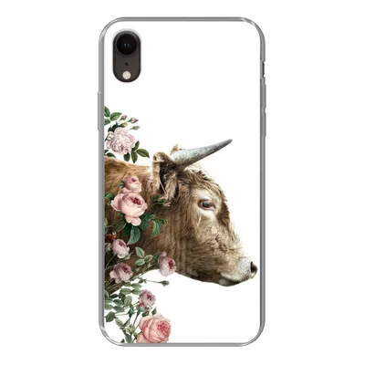 Produktbild von MuchoWow® Handyhülle Schutzhülle Hülle für iPhone XR Schottischer Highlander - Kuh - Blumen Silikon Softcase Handy Hülle - Schutzdeckel