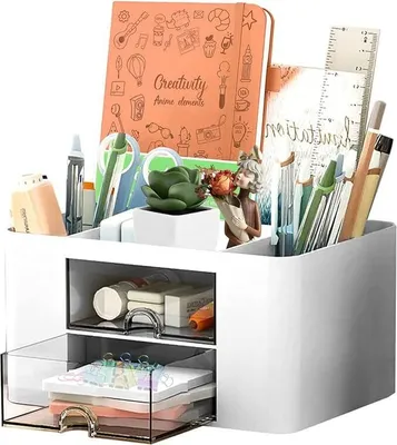 Produktbild von Schreibtischorganisator mit 5 Fächern und Schublade: Praktischer, multifunktionaler Stiftehalter für Büro und Schule, spart Platz, in Weiß.