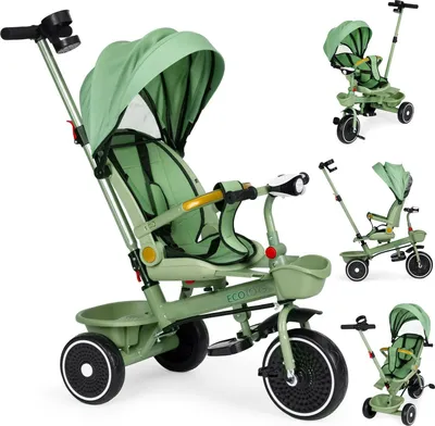 Produktbild von 2-in-1-Dreirad-Kinderwagen, drehbarer Sitz, faltbares Verdeck, grün, ECOTOYS
