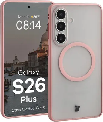 Produktbild von Schutzhülle mit Magnetring + gehärtetem Glas Bizon MatteO Pack für Galaxy S26 Plus, Getönt-Hellrosa