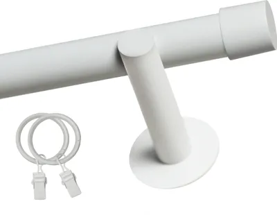A white curtain rod with a bracket and two curtain rings with clips, shown against a white background.